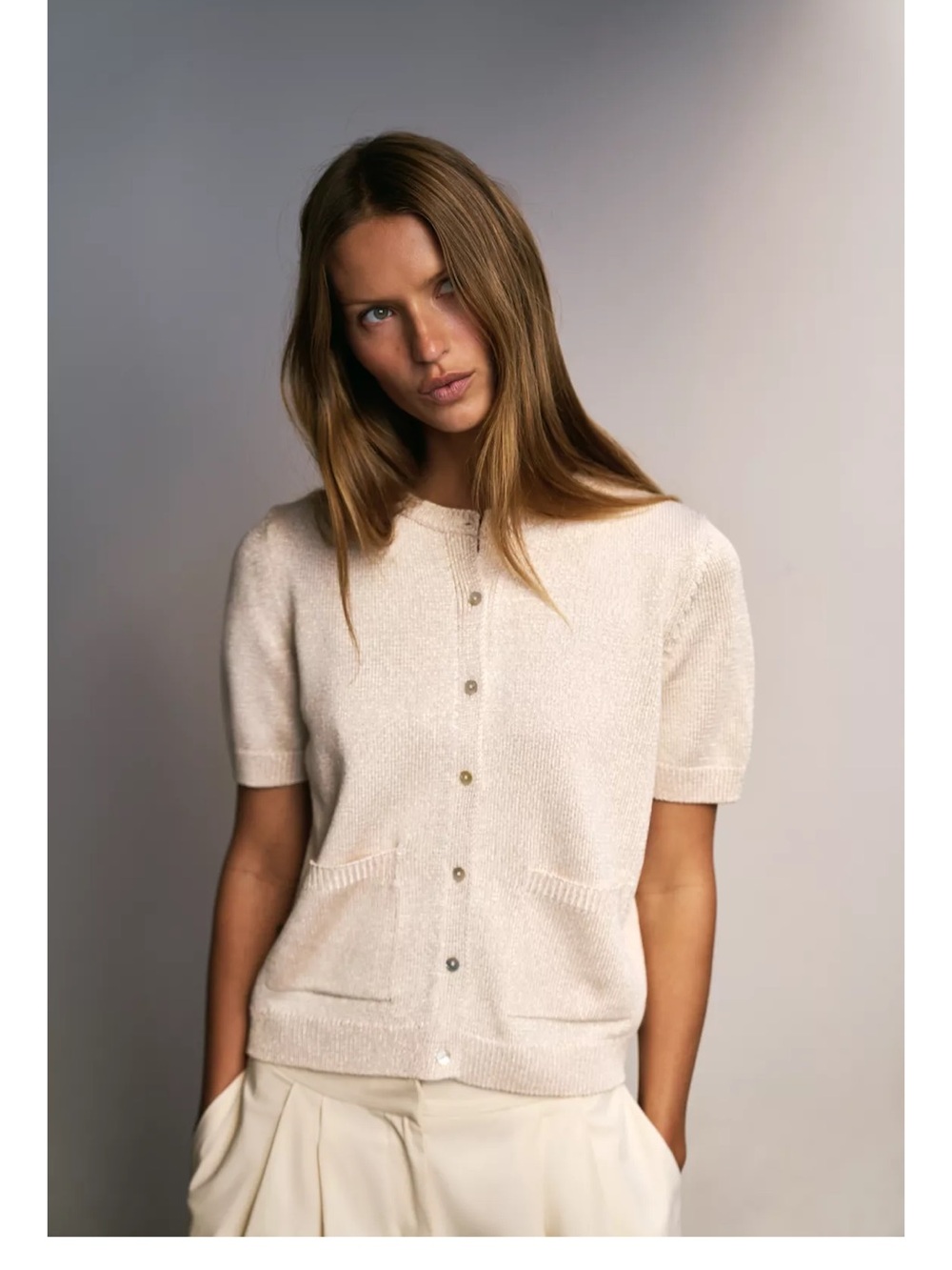 Zara Cream Knit Short-Sleeve Cardigan